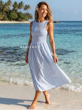 Caroline Constas Blue and White Striped Sleeveless Maxi Dress